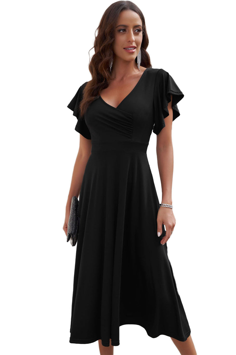 Vestido midi cruzado con mangas con volantes y escote en V ideal para ocasiones elegantes