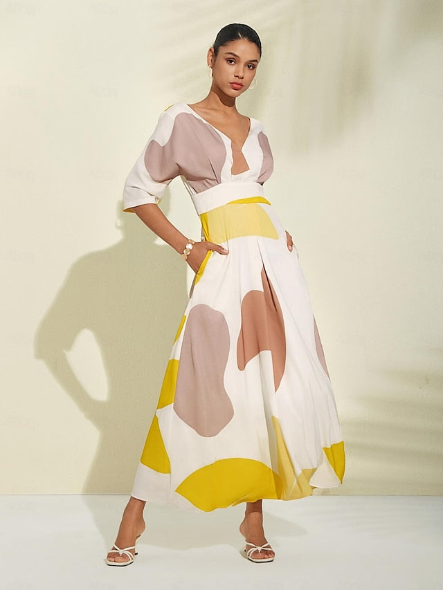 Vestido largo de verano elegante con escote recortado y manga tres cuartos