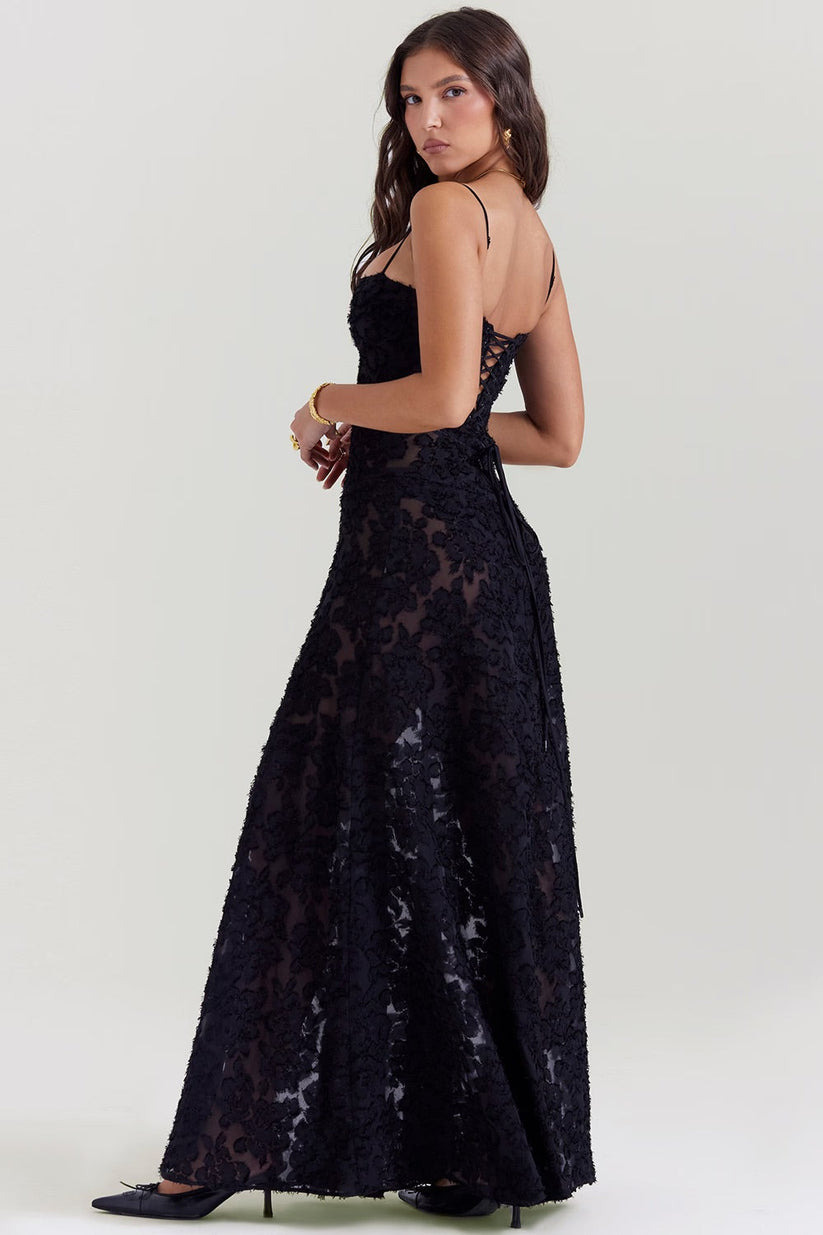 Vestido maxi con encaje y tejido brillante
