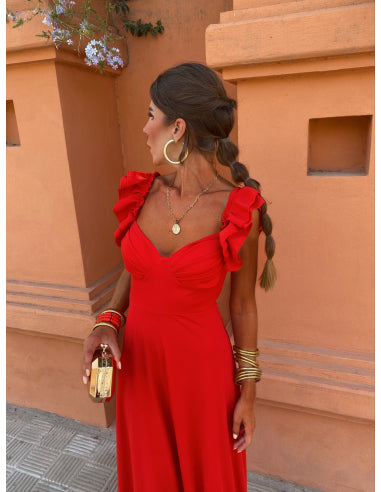 Elegante vestido largo de noche con espalda descubierta y mangas cortas sofisticadas