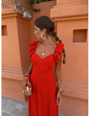 Elegante vestido largo de noche con espalda descubierta y mangas cortas sofisticadas