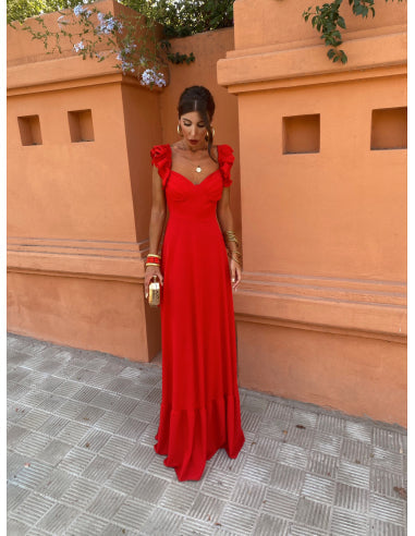 Elegante vestido largo de noche con espalda descubierta y mangas cortas sofisticadas