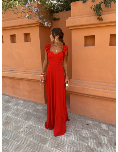 Elegante vestido largo de noche con espalda descubierta y mangas cortas sofisticadas