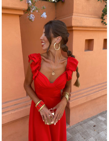 Elegante vestido largo de noche con espalda descubierta y mangas cortas sofisticadas