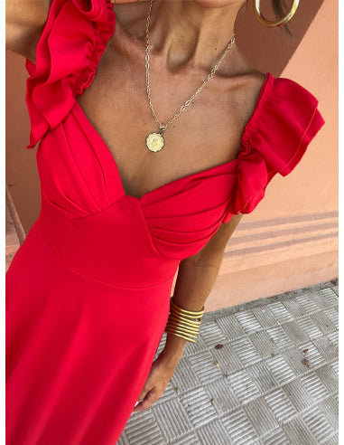Elegante vestido largo de noche con espalda descubierta y mangas cortas sofisticadas