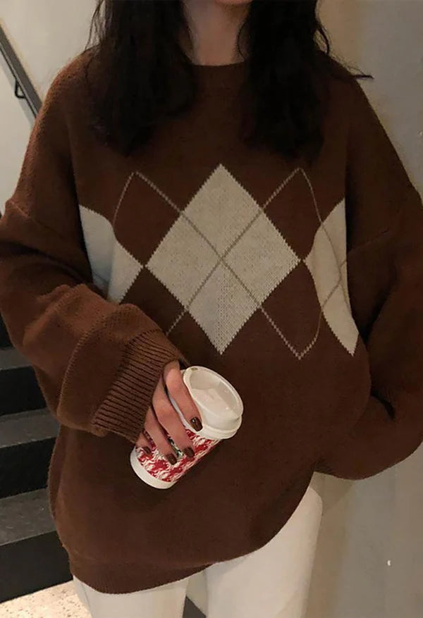 Suéter clásico con estampado de rombos en estilo retro