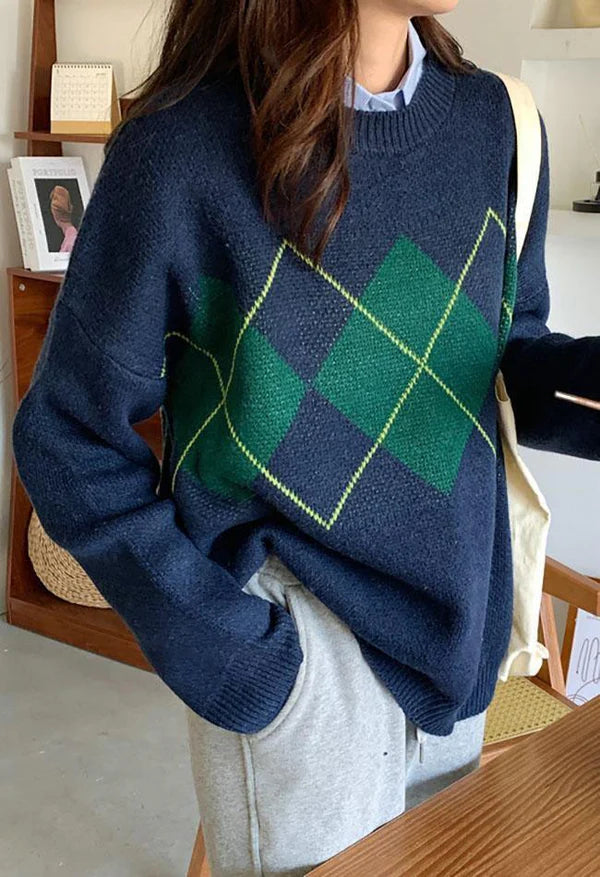 Suéter clásico con estampado de rombos en estilo retro