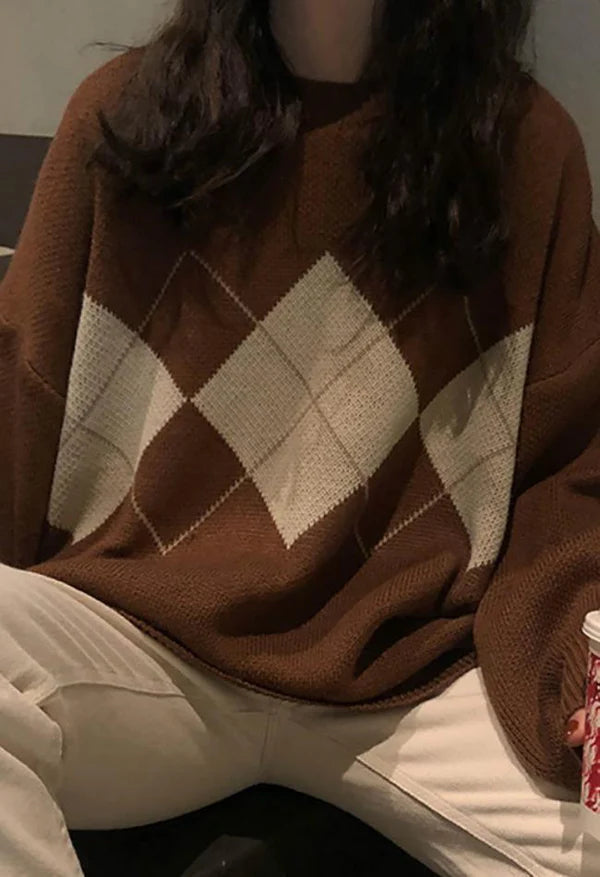 Suéter clásico con estampado de rombos en estilo retro