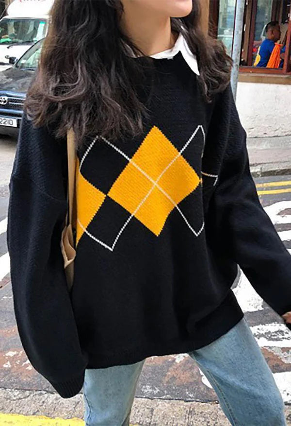 Suéter clásico con estampado de rombos en estilo retro