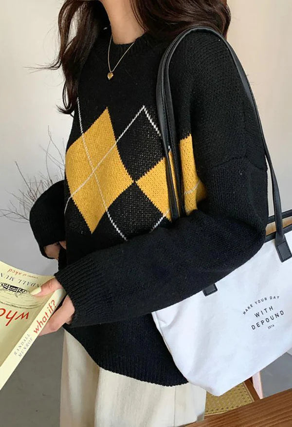 Suéter clásico con estampado de rombos en estilo retro