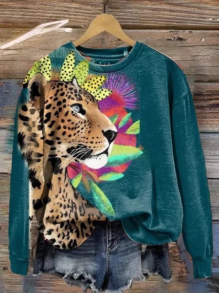 Sudadera de manga larga con cuello redondo y estampado floral de leopardo animal para mujer