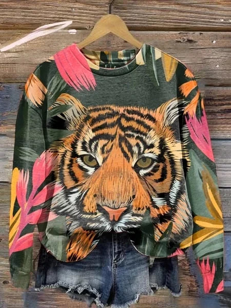 Sudadera de manga larga con cuello redondo y estampado floral de leopardo animal para mujer