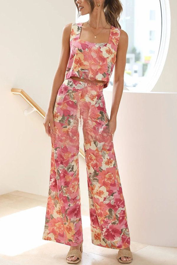 Judit | Conjunto de camiseta floral de cuello cuadrado y pantalón ancho de tiro alto