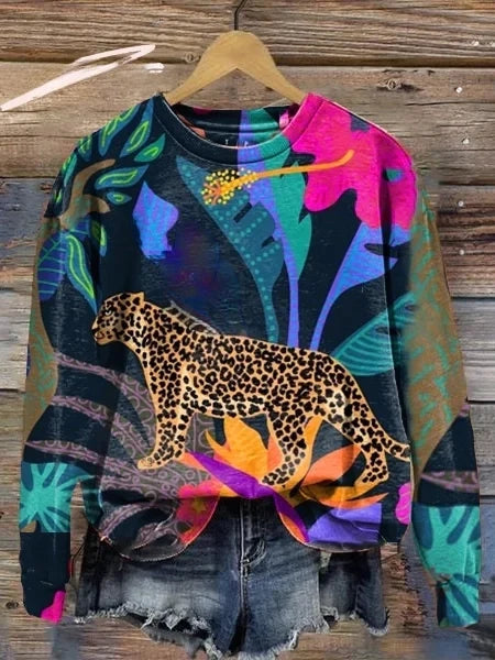 Sudadera de manga larga con cuello redondo y estampado floral de leopardo animal para mujer