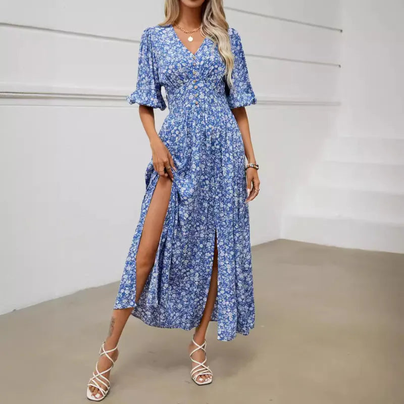 Gianna - Vestido azul estampado de manga corta y cuello en V para mujer, vacaciones de verano