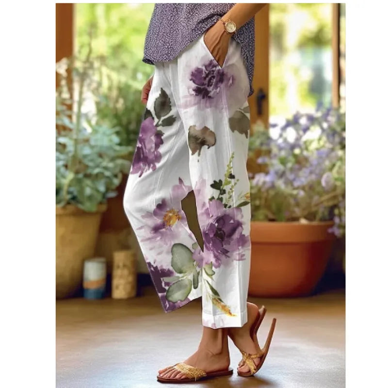 Victoria - Pantalones casuales sueltos con cordones florales botánicos vintage para mujer