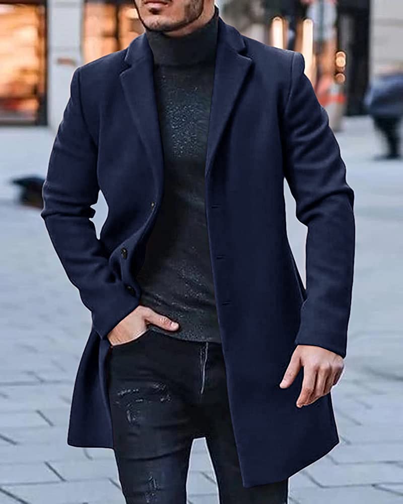 Elegante abrigo largo de invierno para hombre en color azul oscuro con botones