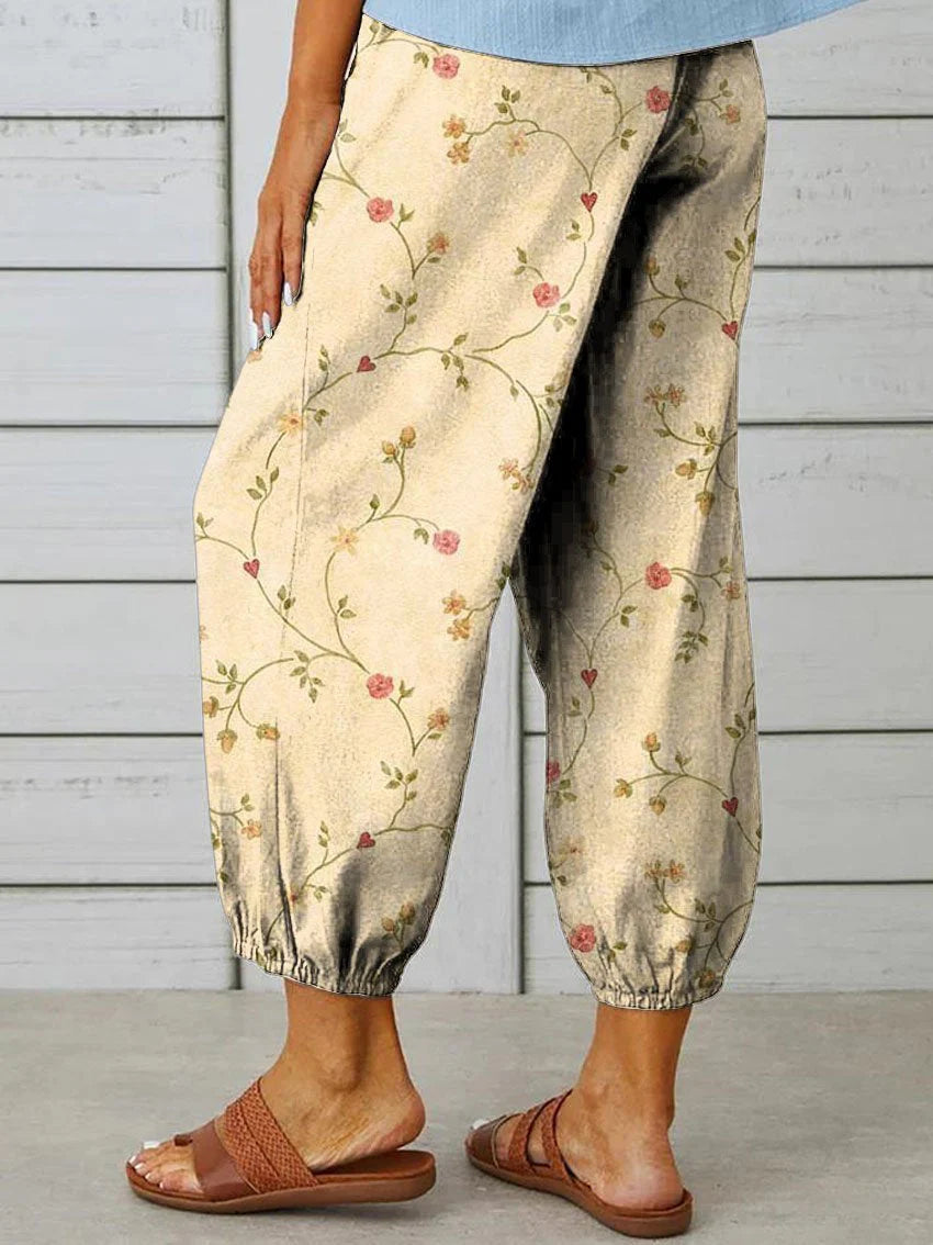 Amalie - Pantalones casuales de mujer con elegante estampado floral retro de algodón