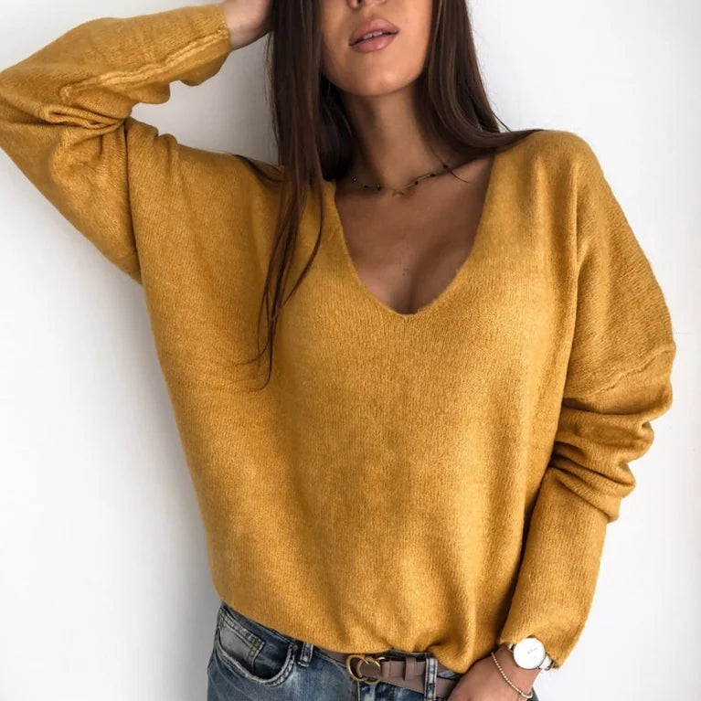 Jersey de mujer suave con cuello de pico y manga larga: elegancia y comodidad