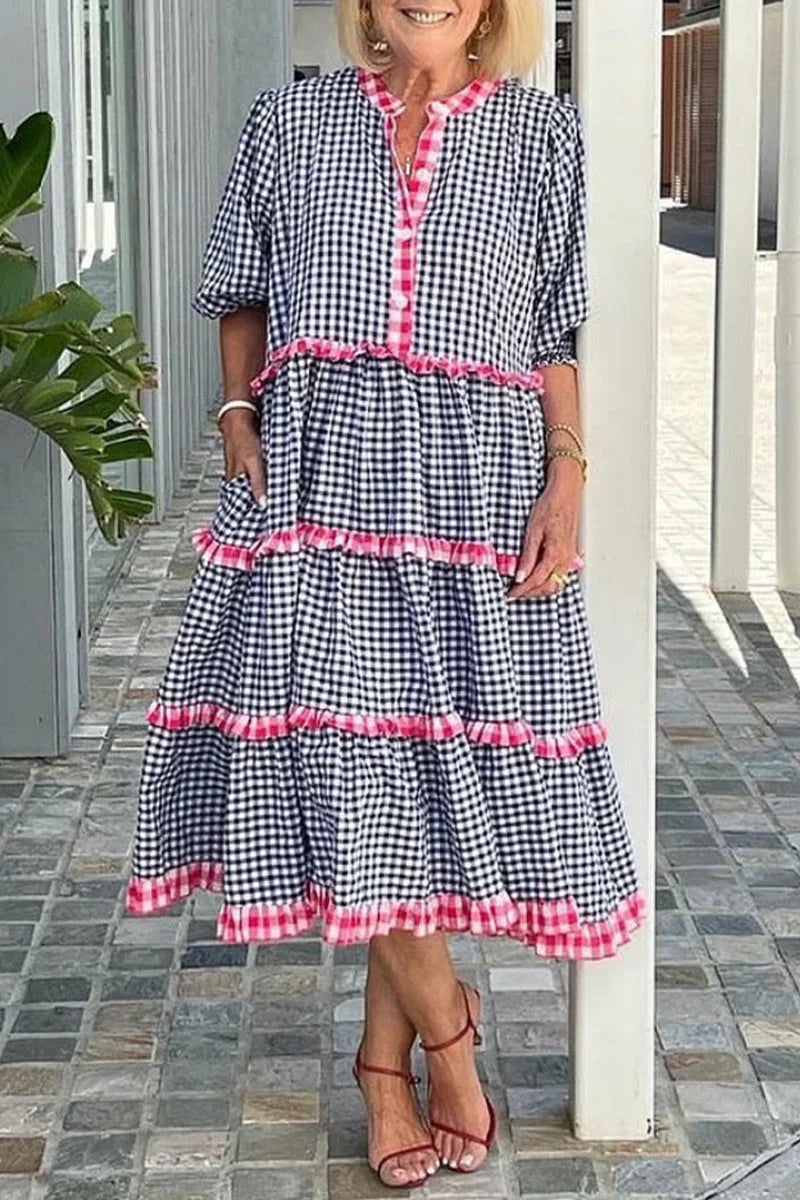 Ángela - Vestido camisero estampado con cuello en O y bolsillos