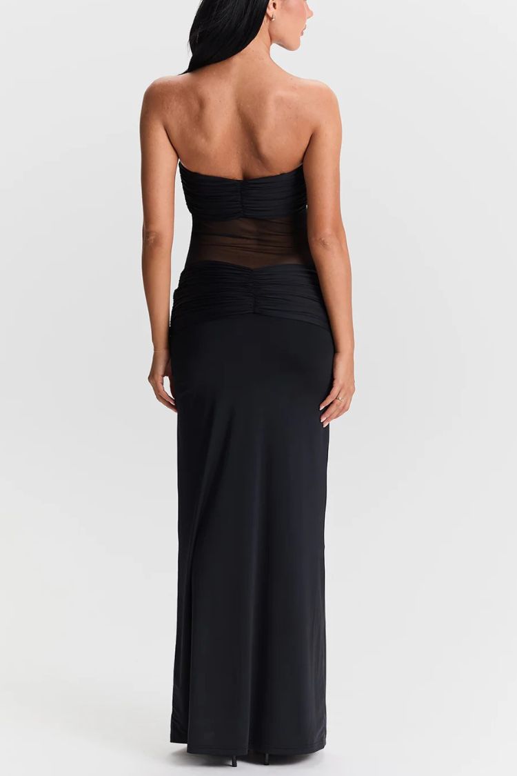 Vestido largo ajustado con tirantes desmontables y detalle drapeado