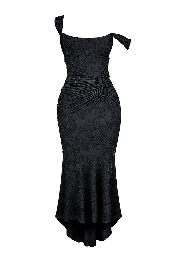 Vestido largo elegante y sofisticado con falda asimétrica y tirantes ajustables