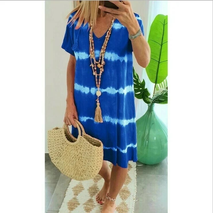 Vestido camisero de rayas tie-dye con mangas cortas y corte holgado