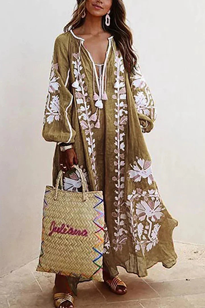 Vestido largo de vacaciones con estampado floral bohemio informal de manga larga extragrande de Natalia