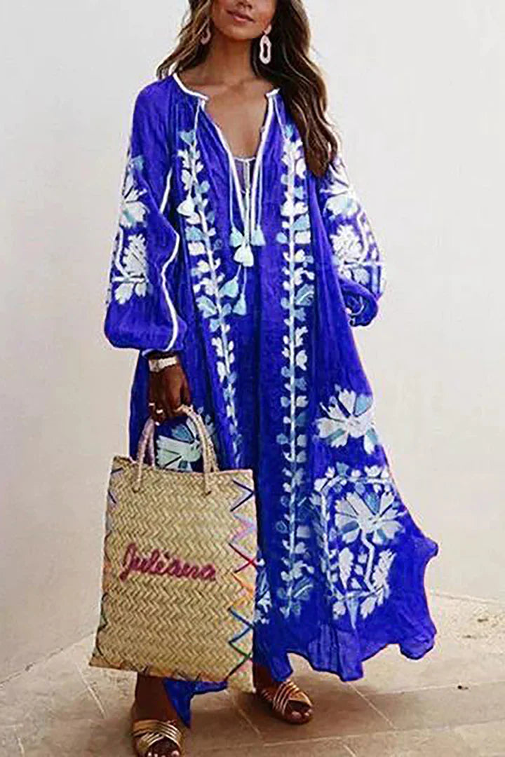Vestido largo de vacaciones con estampado floral bohemio informal de manga larga extragrande de Natalia