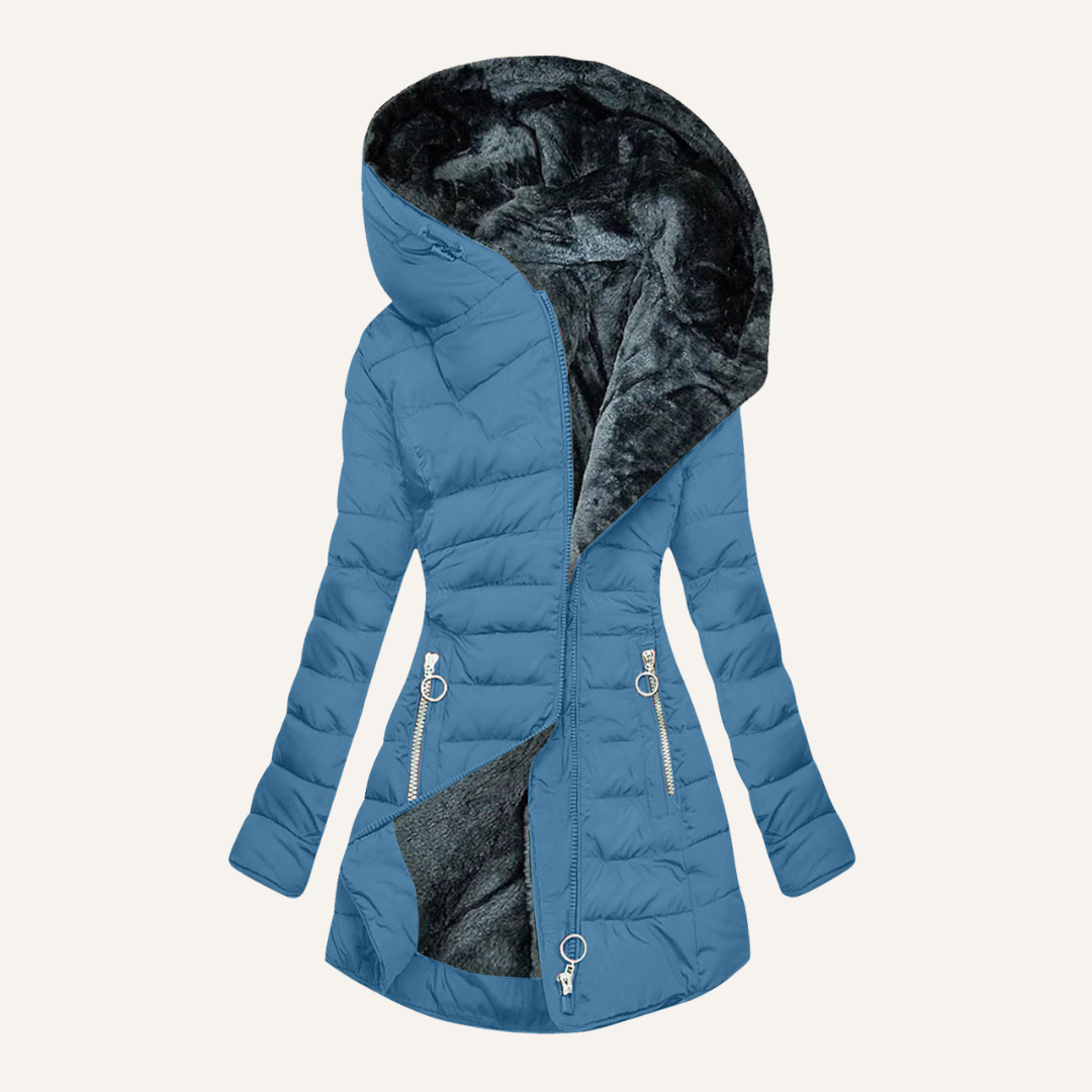 Elegante y cálida parka femenina con capucha profunda