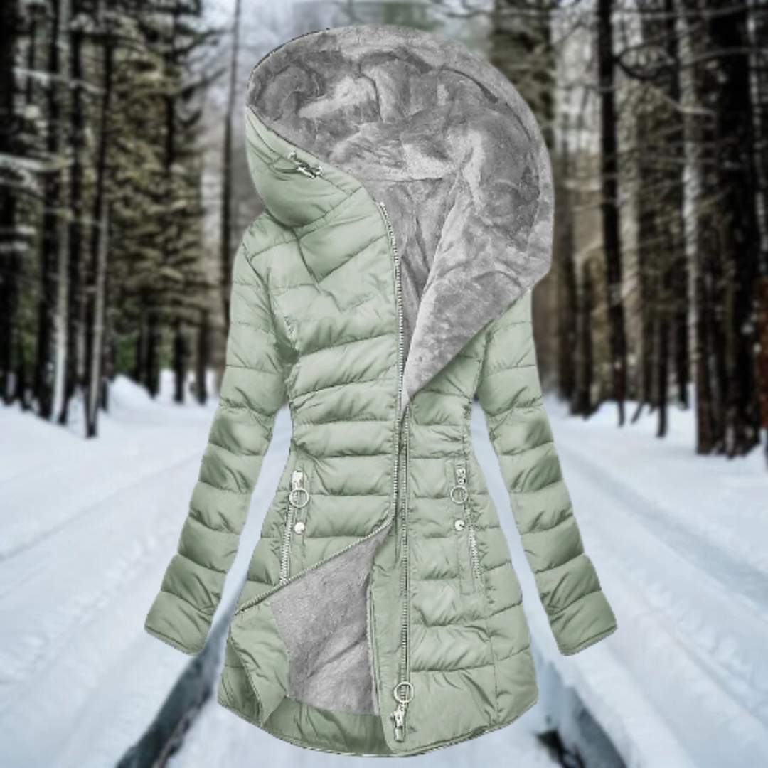 Elegante y cálida parka femenina con capucha profunda