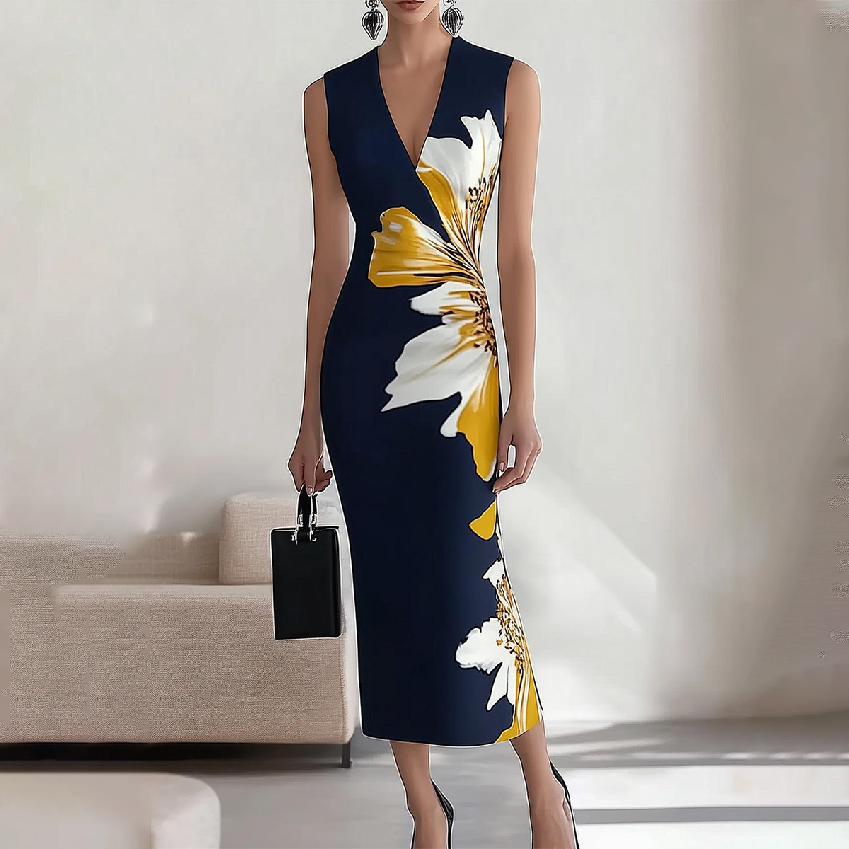 Vestido largo sin mangas con estampado floral elegante ideal para ocasiones especiales