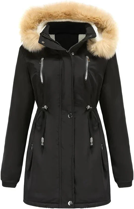 Elegante abrigo largo de mujer con capucha para invierno