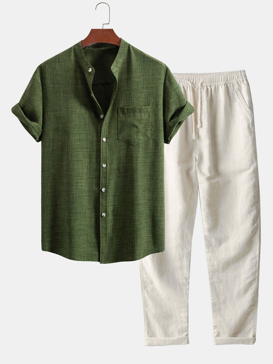 Conjunto para hombre con camisa de cuello mao de manga corta y pantalón recto casual