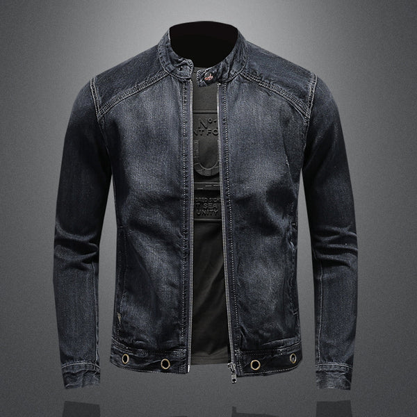 Chaqueta de Mezclilla Azul Oscuro con Cuello Alto y Cierre - Estilo Retro para Hombre