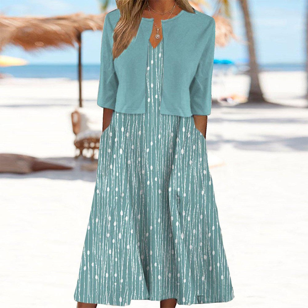 Vestido midi con estampado de hojas y chaqueta a juego para un look completo