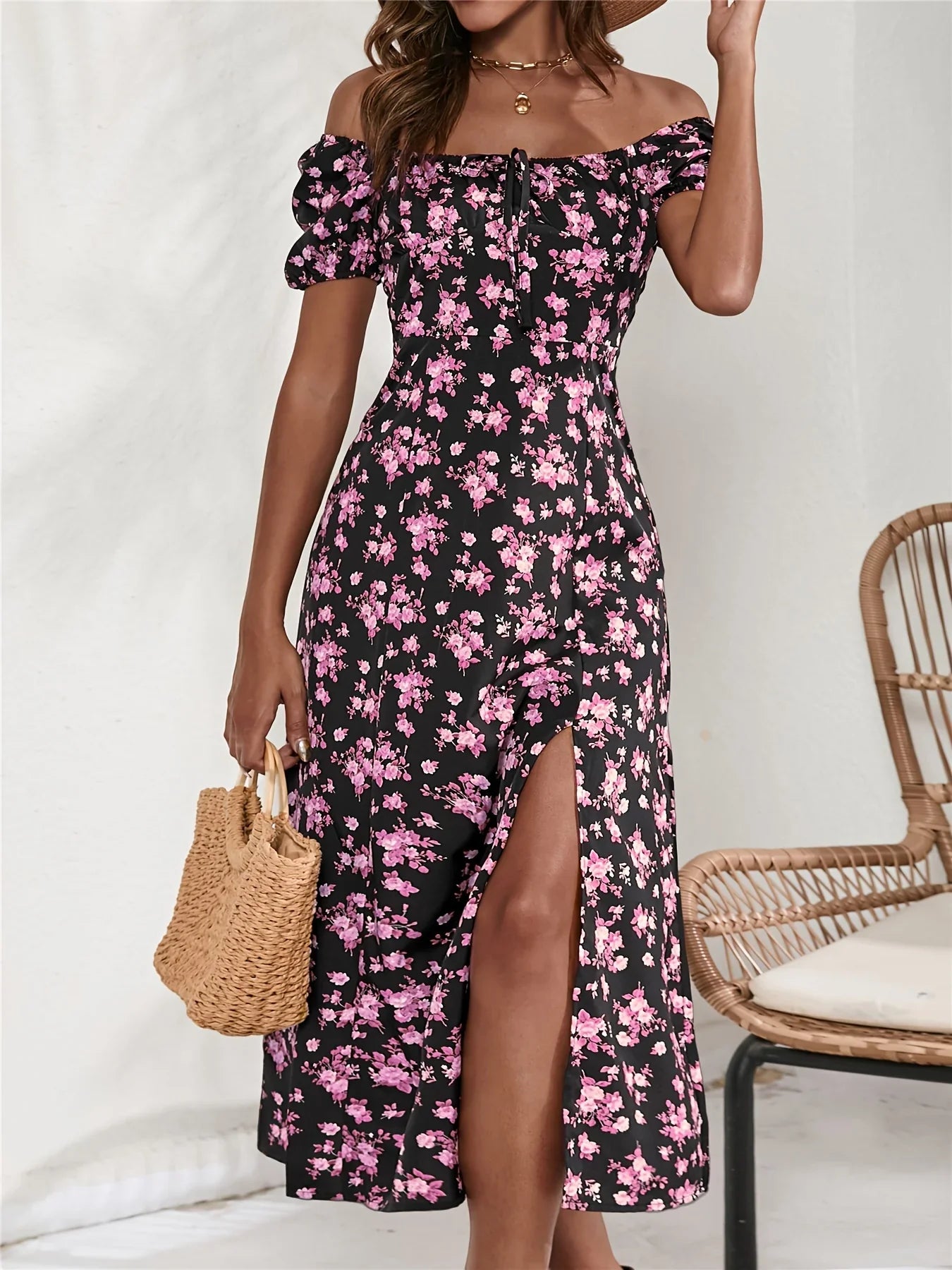 Vestido de manga corta con estampado floral Ditsy y abertura lateral Para primavera y verano, Ropa mujer