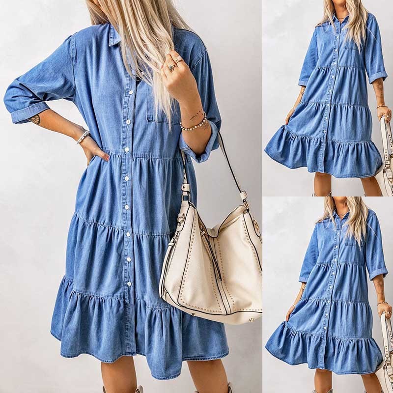 Paula - Minivestido de chambray con volantes y tapeta de botones en denim