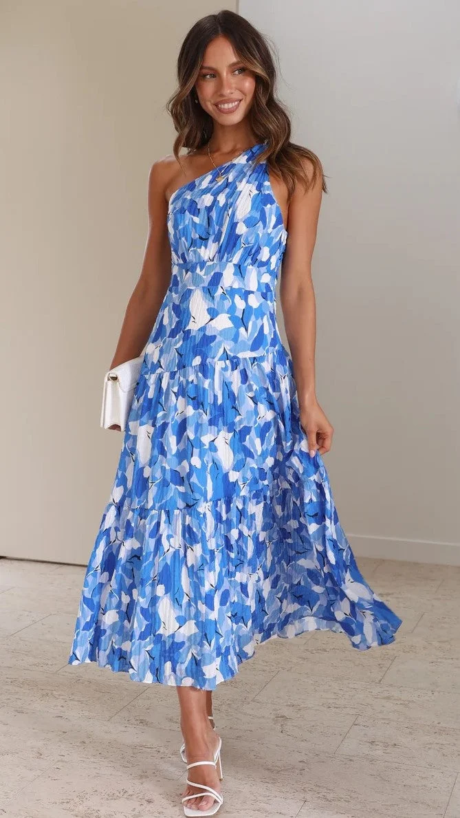 Vanessa - Vestido Midi Floral De Un Hombro Azul