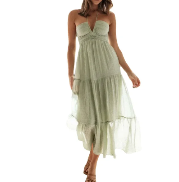 Gina - Vestido de verano bohemio de gasa de seda con tirantes