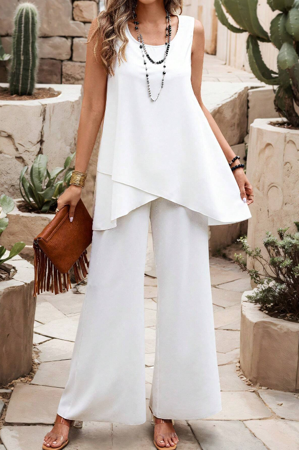 Conjunto elegante de verano para mujer con blusa de manga corta amplia y pantalón de pierna ancha