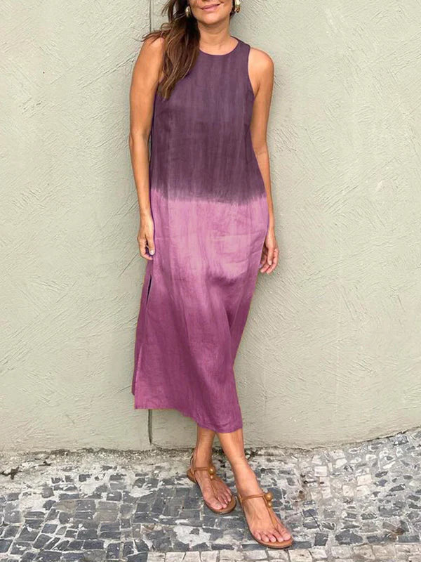 Romina - Maxi vestido casual sin mangas de mujer en algodón y lino con abertura a capas tie-dye