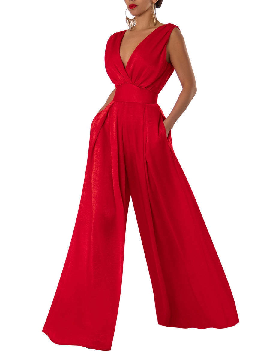 Mono elegante para mujer sin mangas con escote en pico y pantalón ancho