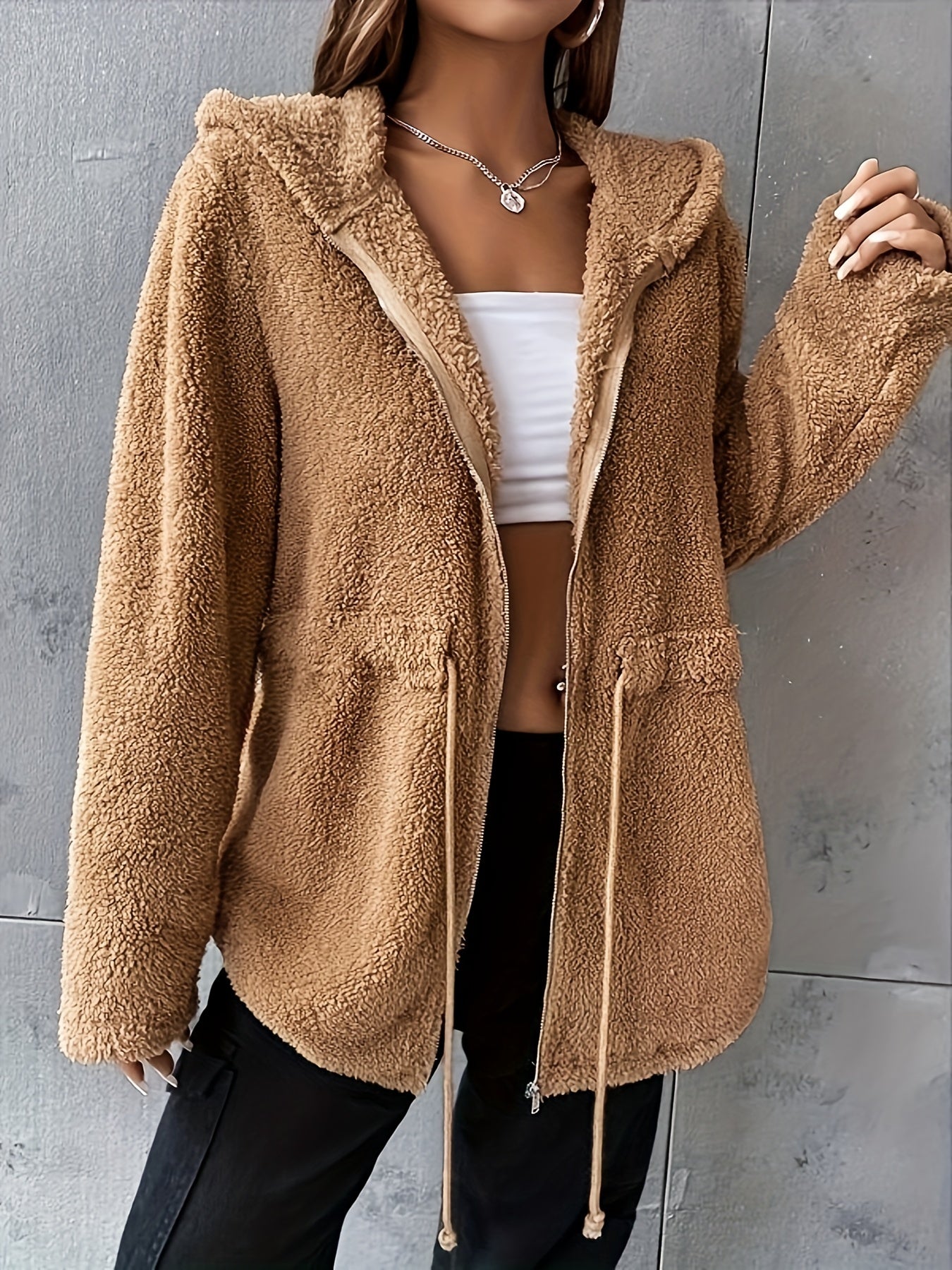 Chaqueta de Teddy con Capucha y Cordón para Mujeres - Ropa de Abrigo Casual con Cremallera