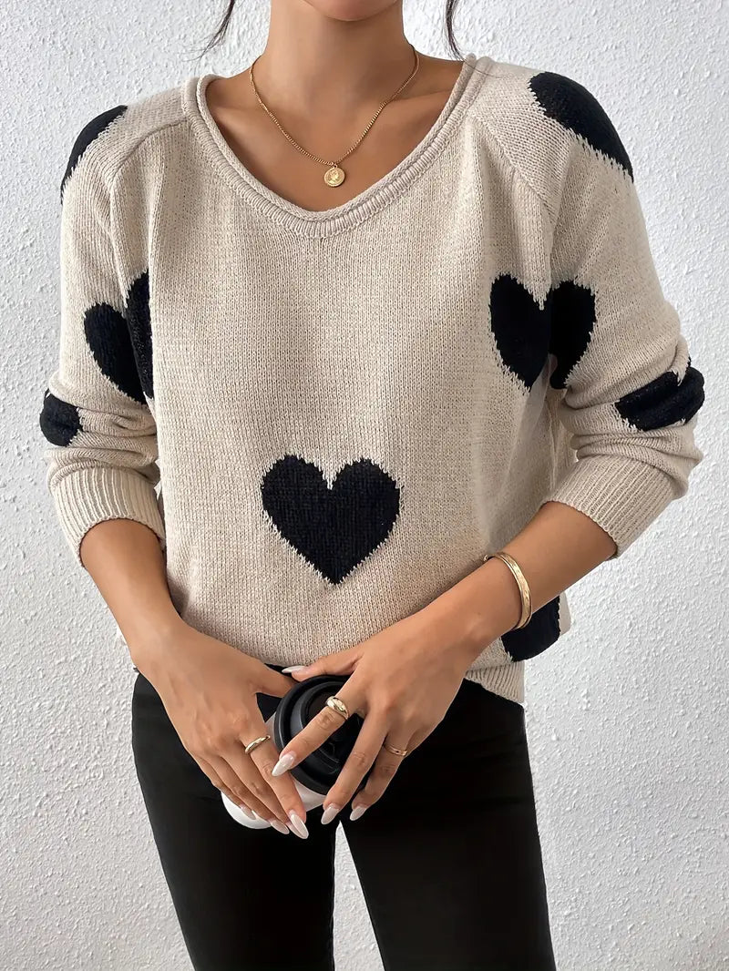 Suéter de Mujer con Cuello en V y Diseño de Corazones