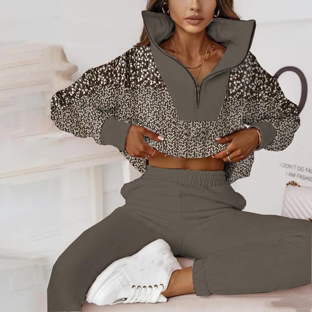 Conjunto de dos piezas con diseño de leopardo y cuello con cremallera para mujer