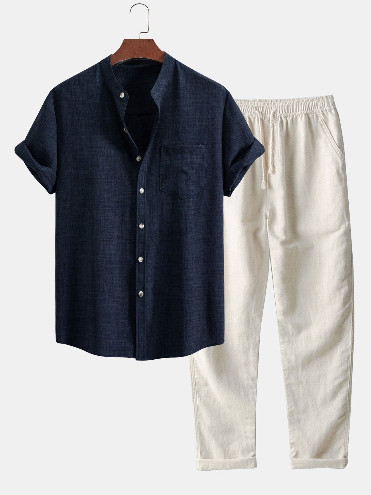 Conjunto para hombre con camisa de cuello mao de manga corta y pantalón recto casual