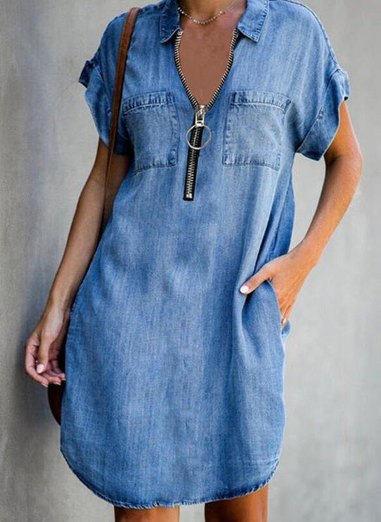 Chloe - Vestido Denim Slim Fit Con Cremallera Y Cuello Vestidos