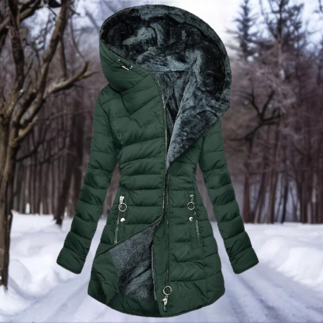 Elegante y cálida parka femenina con capucha profunda