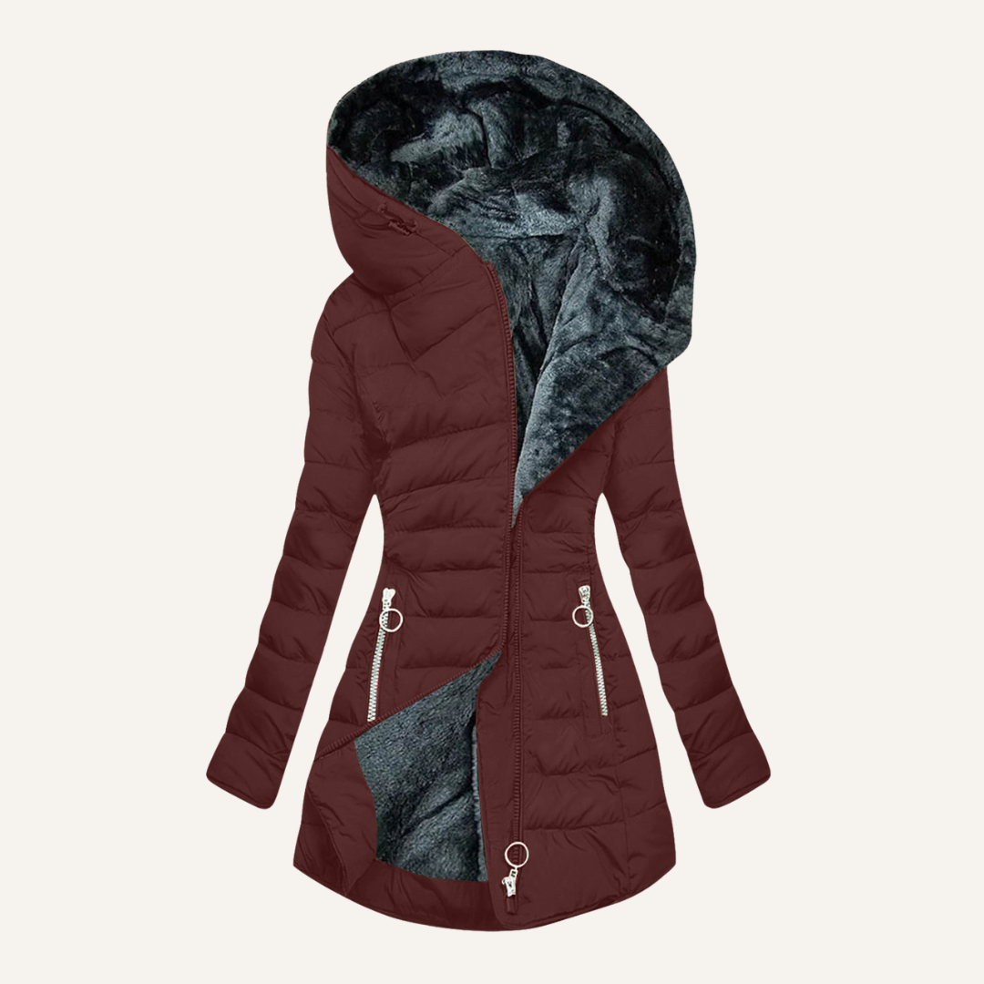 Elegante y cálida parka femenina con capucha profunda